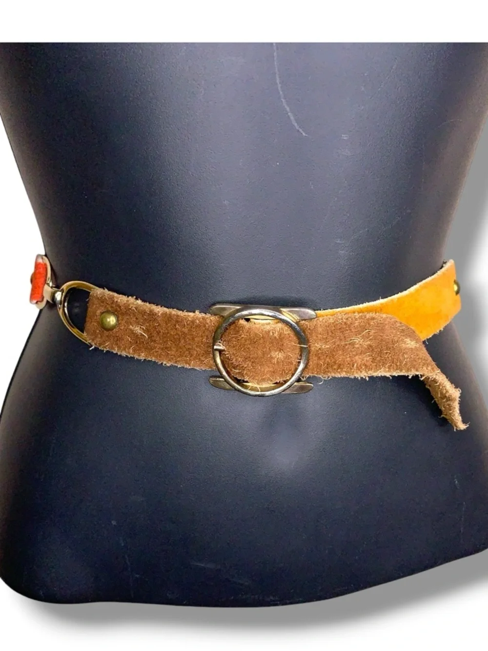 Vintage Small Western Belt Leather Multitone Red Tan Brown Gold Buckle Boho